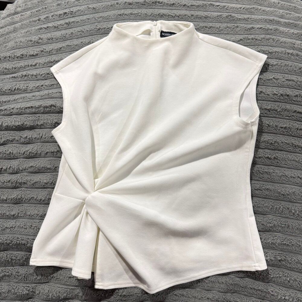 MODERN WORKS White Sleeveless Mock Neck Twisted Front Blouse Top Sz M